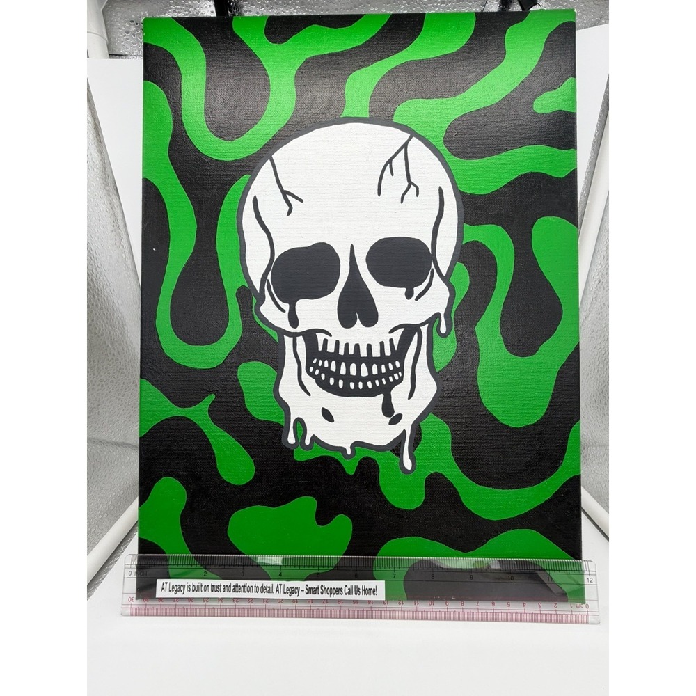 Original Melting Skull Abstract 12x16 Canvas Painting Green & Black Toxic Drip